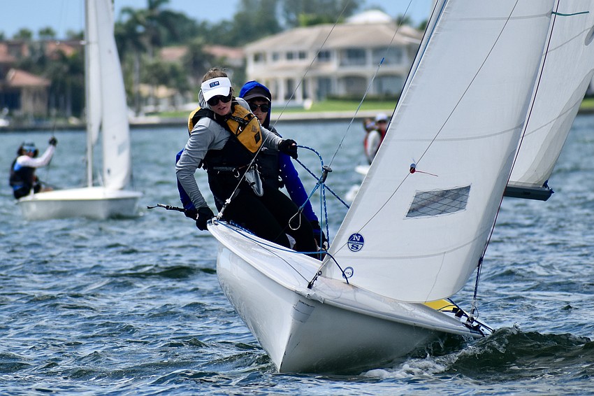 Jade Campbell and Matthew Ray of Sarasota Youth Sailing balance their Club 420.