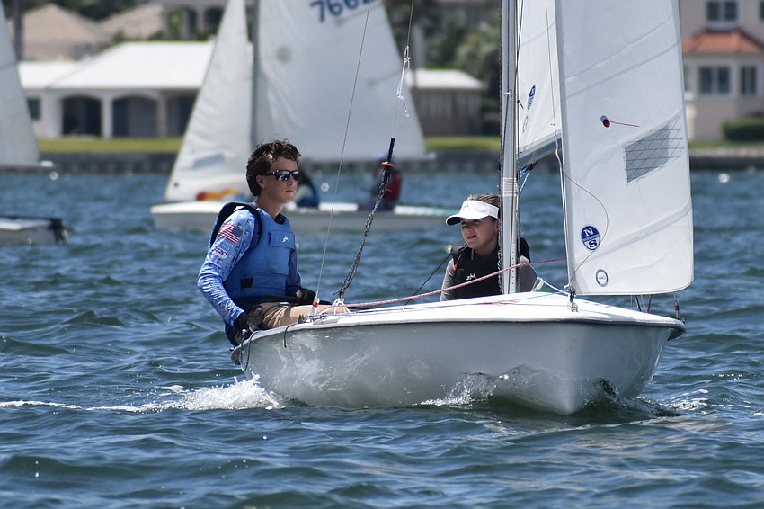 Curt Wheeler and Brynn DeJongh of Sarasota Yacht Club sail a Club 420.