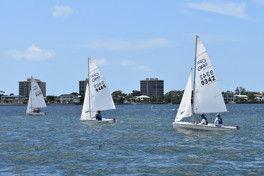 James McCauley and Katie Boyle of the Venice Youth Boating Association; Curt Wheeler and Brynn DeJongh of the Sarasota Yacht Club and Ian Richardson and Blake Vincent of Davis Island Race Team sail Club 420s.