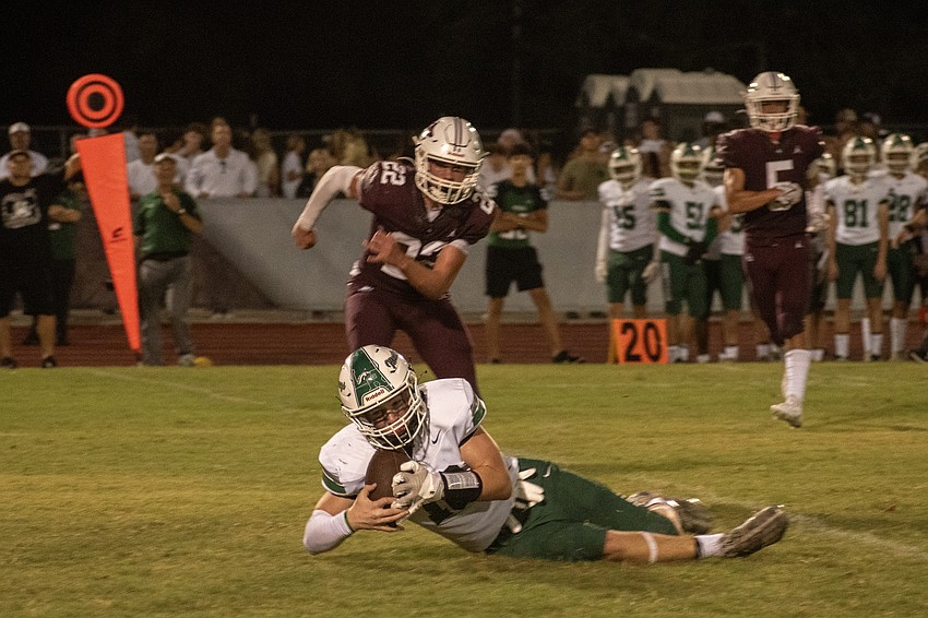 Lakewood Ranch sophomore tight end Cooper Orzel makes a diving grab against Braden River.