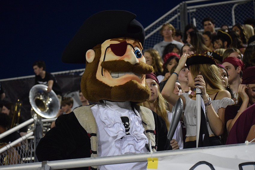 Braden River High School's mascot, Captain Crossbones, is sure to get the student section hyped for the second half of the game.