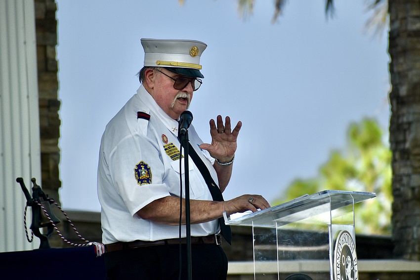 Matt Bruce, a retired fire training captain assigned to the New York City Fire Department during 9/11, speaks at the USF Sarasota-Manatee 9/11 Remembrance.