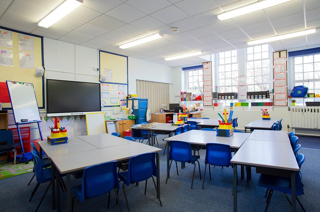 An empty elementary school classroom. Photo from Adobe Stock