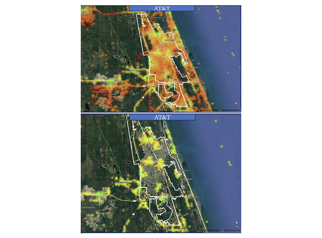 The maps show the cellular coverage for Palm Coast for AT&T. The bottom map shows what is considered reliable coverage areas only. Image from Palm Coast City Council meeting documents