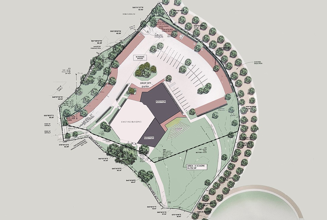 A conceptual plan for Payne Park Auditorium shows expansions to the building in dark gray and 96 spaces of paved parking.