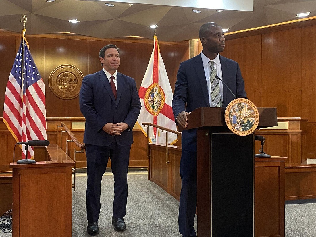State Surgeon General Joseph Ladapo speaks in 2021 after being named to his post by Gov. Ron DeSantis. File photo by Ryan Dailey/The News Service of Florida