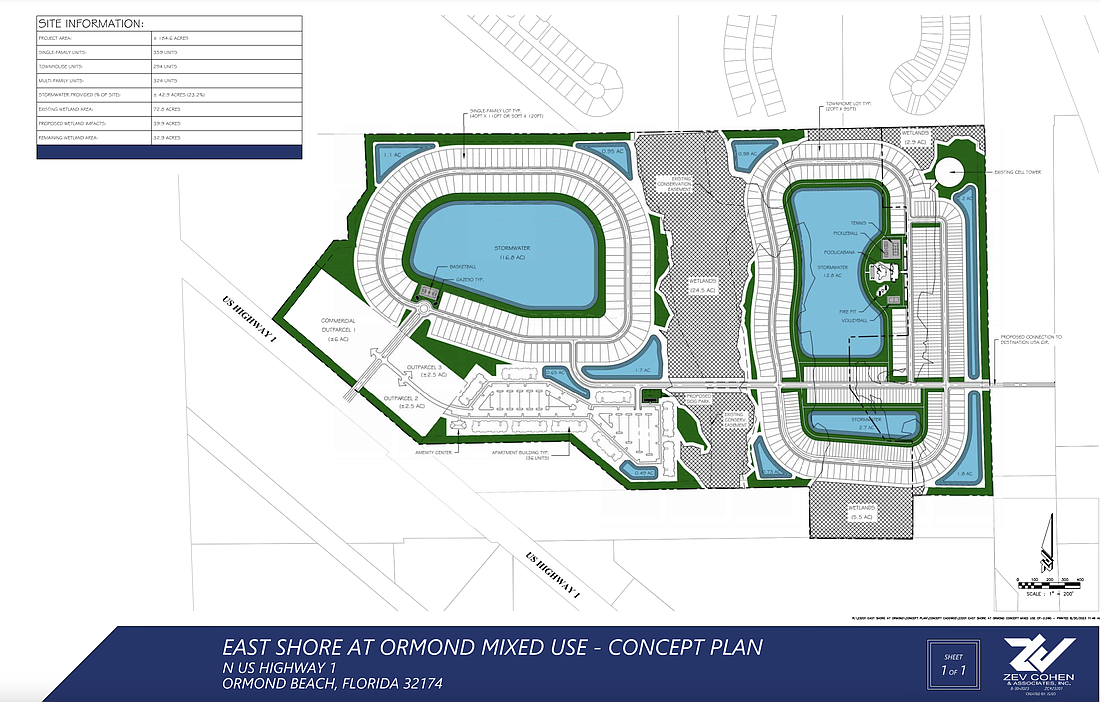 The initial plans for the "East Shore at Ormond" development include 359 single-family lots, 294 townhome units and 324 multi-family units. Concept plan by Zev Cohen and Associates