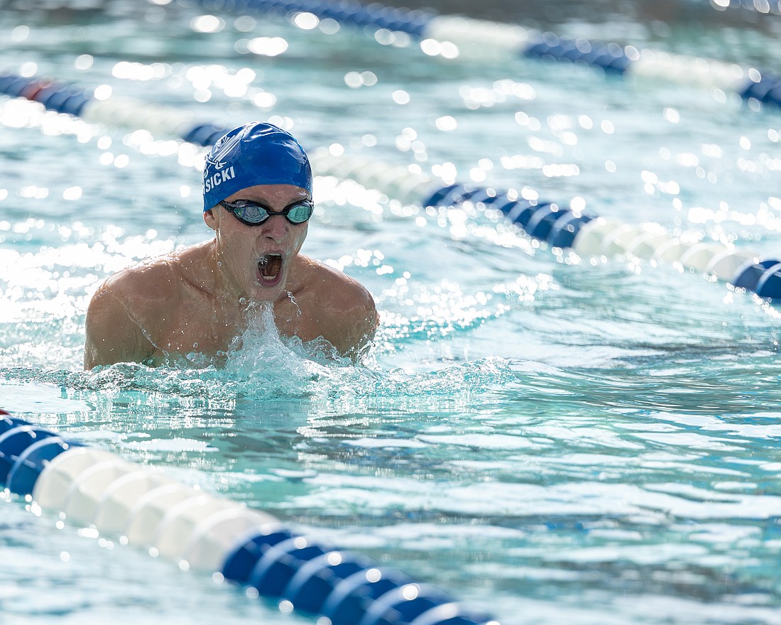 Matanzas' Keaton Lasicki takes a breath during the breaststroke at a meet in 2023. File photo by Jake Montgomery