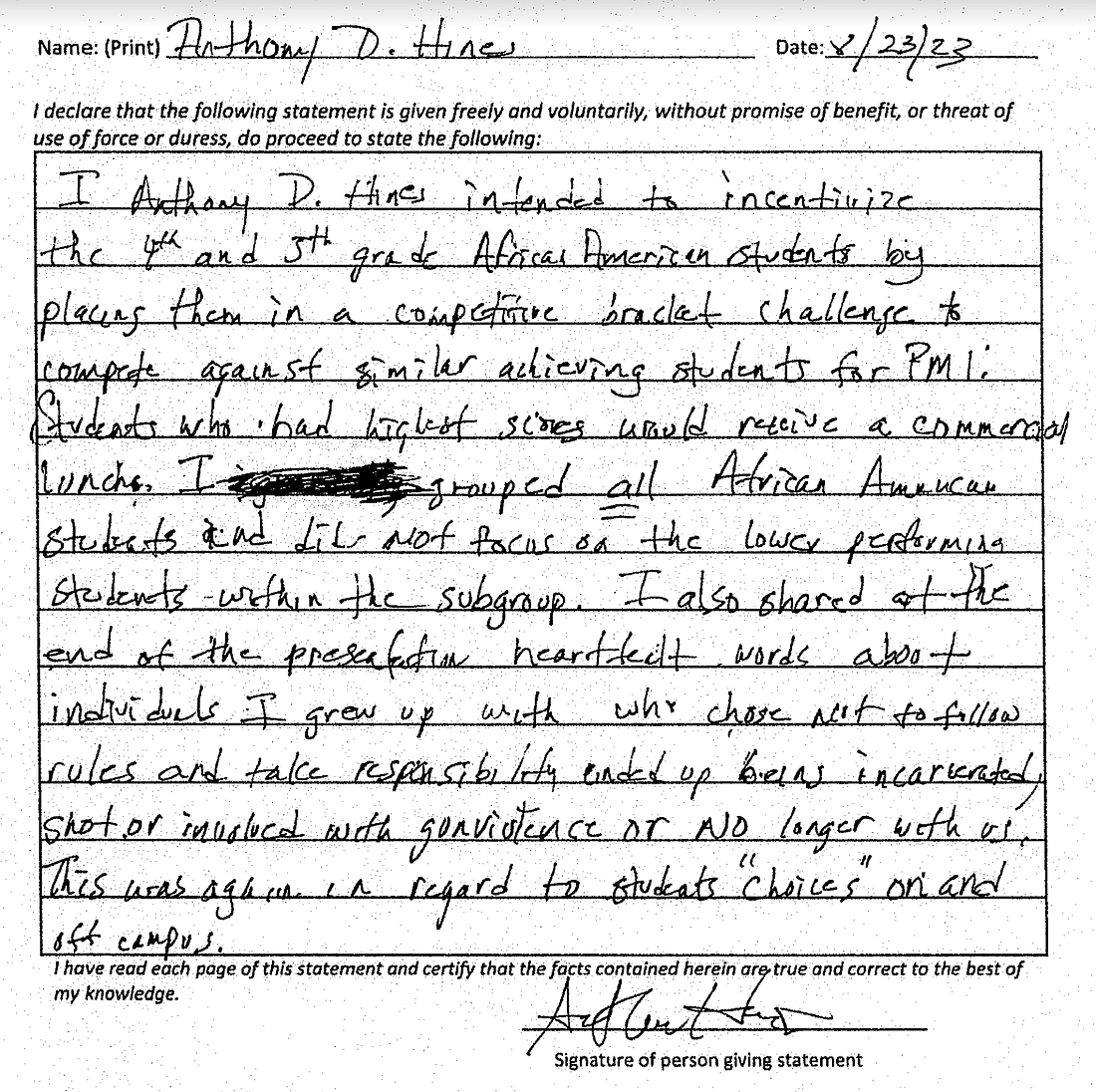 Screen shot of Anthony Hines' witness statement included in the investigation report.