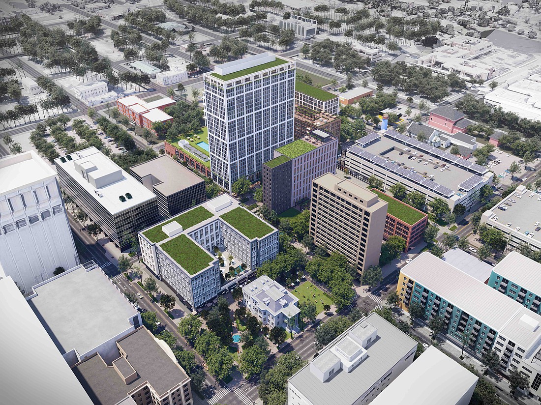 A conceptual aerial rendering for the Gateway Jax development Downtown looking toward the northwest. The structures that have what looks like grass on the roofs are new. In the lower left is the Porter House Mansion along Julia Street.