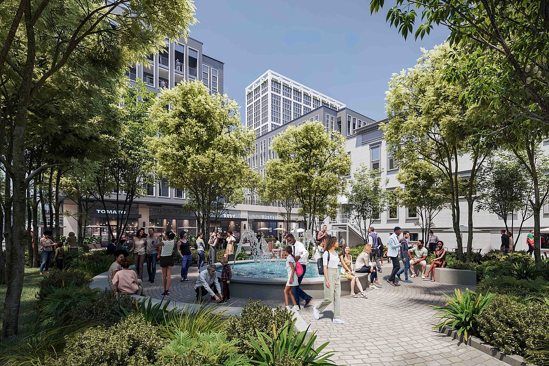 A conceptual rendering of the Gateway Jax development Downtown shows a fountain plaza. The $500 million mixed-used development on 22 acres of Downtown Jacksonville includes apartments, a grocery and retail space.