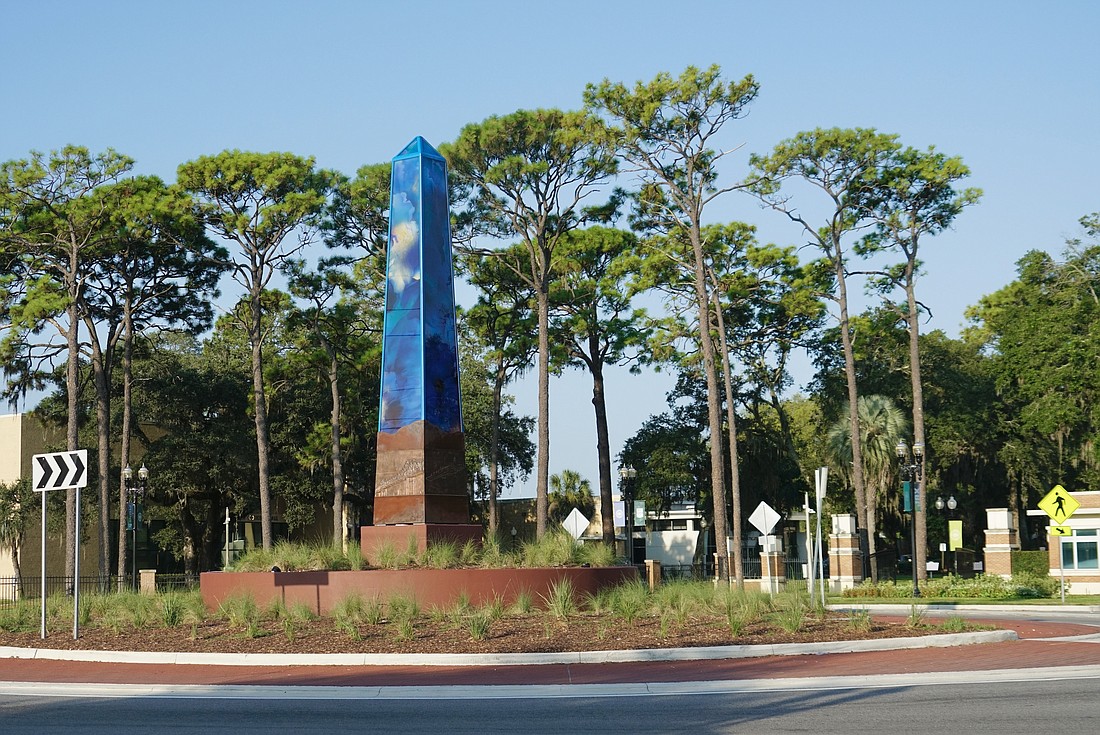 Jacksonville University dedicated the public art installation in the roundabout in front of the Arlington campus’s main entrance on University Boulevard on Sept. 20.