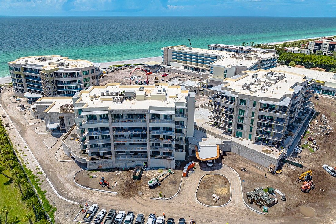 Drone pictures from August 2023 show the St. Regis Longboat Key making progress ahead of its expected March 2024 completion.