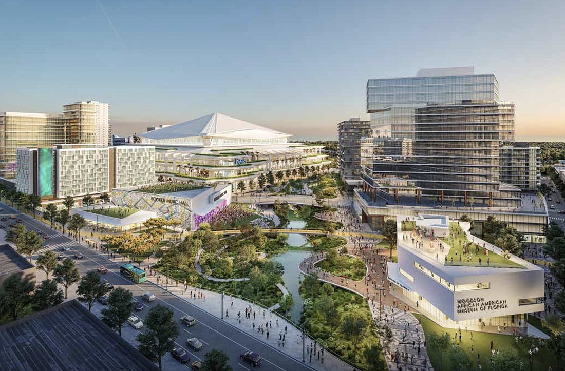 A rendering of how the Hines/Rays teams would redevelop the 86-acre Tropicana Field site in downtown St. Petersburg.