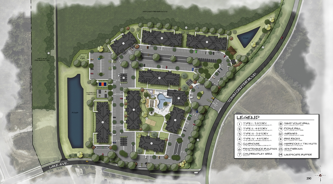 A rendering of the proposed 300-unit apartment complex called The Legacy at Palm Coast. Image from the City Council meeting documents