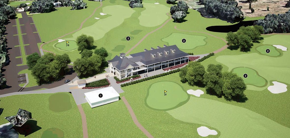 Wedged between the No. 9 and No. 18 greens, the new Bobby Jones Golf Course clubhouse will be surrounded by practice greens (2) and the No. 1 tees (3). The white structure (1) is the temporary clubhouse.