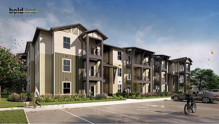 A rendering of Madison Palms, a 240-unit affordable apartment community at Merrill Road and Interstate 295 in Arlington.