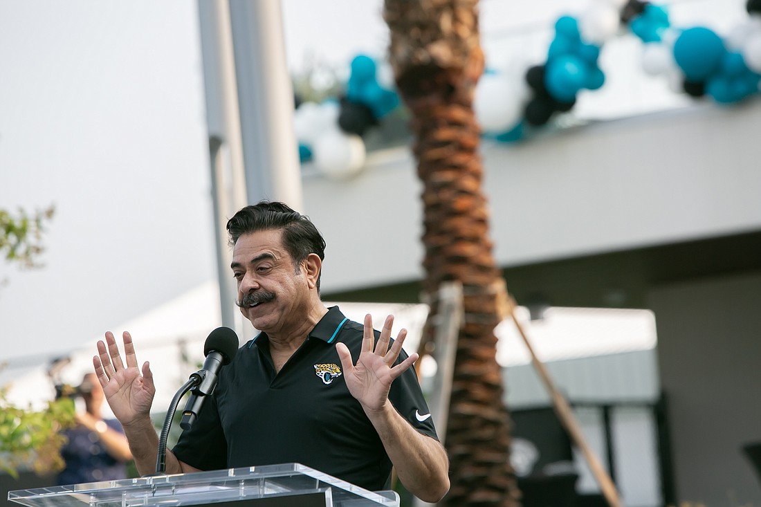 Jacksonville Jaguars owner Shad Khan speaks at the ribbon-cutting ceremony for Miller Electric Center on July 18.