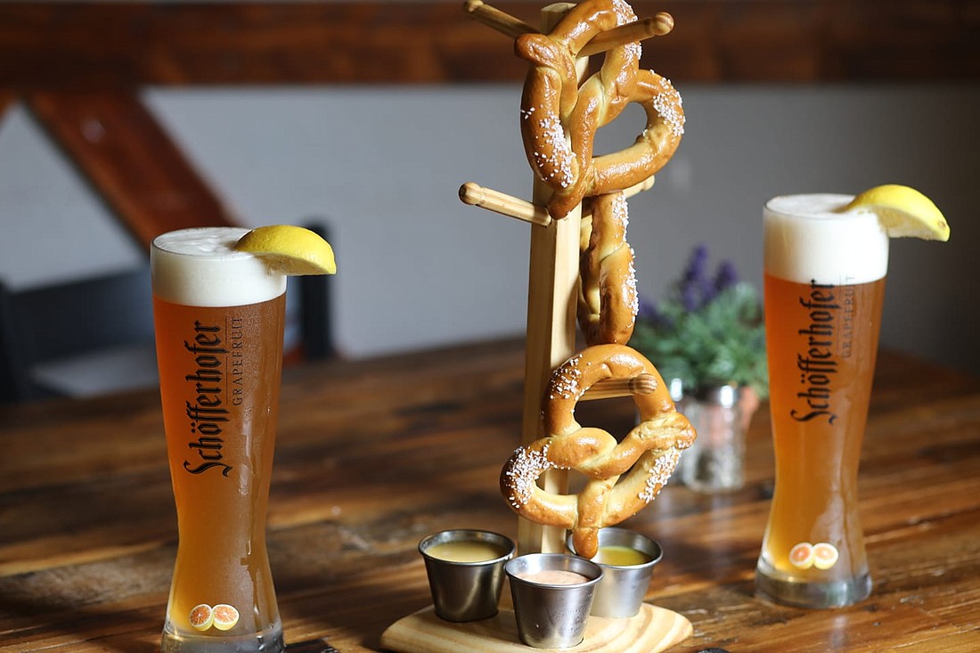 The pretzel stand ($12) served with three dips at Restaurant Edelweiss.