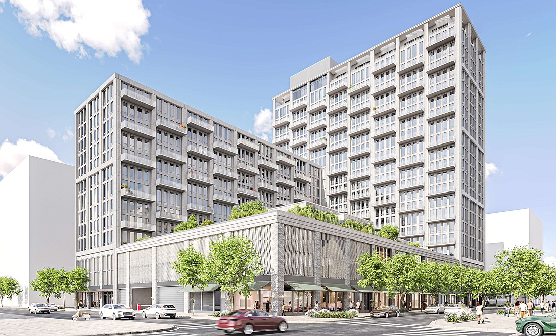 The view from the southwest corner of the Block N8 building in the Gateway Jax Pearl Street District. Gateway Jax includes apartments, a grocery and retail space.