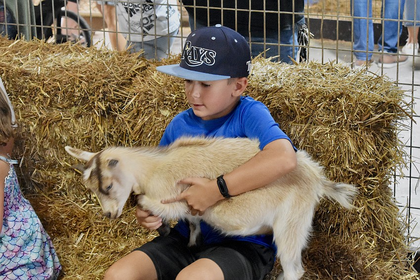 Oliver Harshbarger holds a goat.