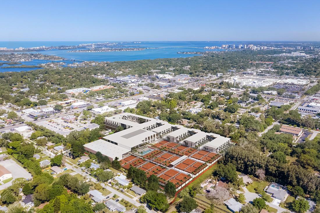 An aerial rendering of a completed Bath + Racquet Residences & Club.