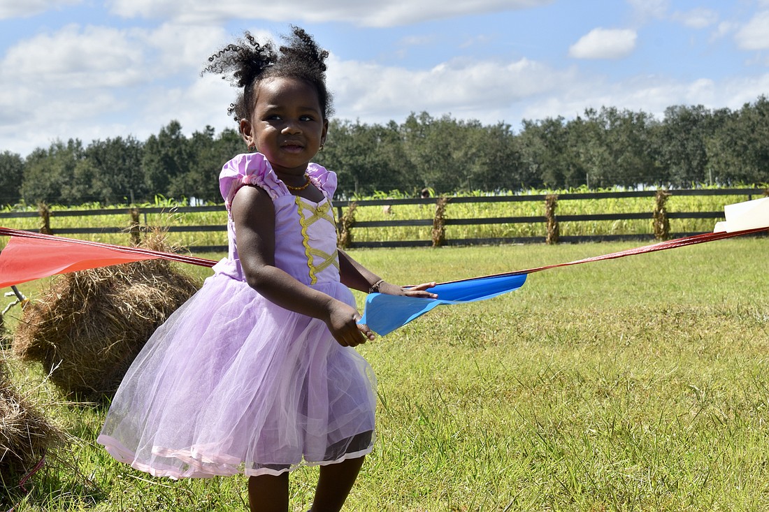 With so many things to do at the Pumpkin Festival, almost 2-year-old Jameela Williams plays with a flag. Her family was traveling from Tampa back to Sunrise, so they made a pit stop at Hunsader Farms.