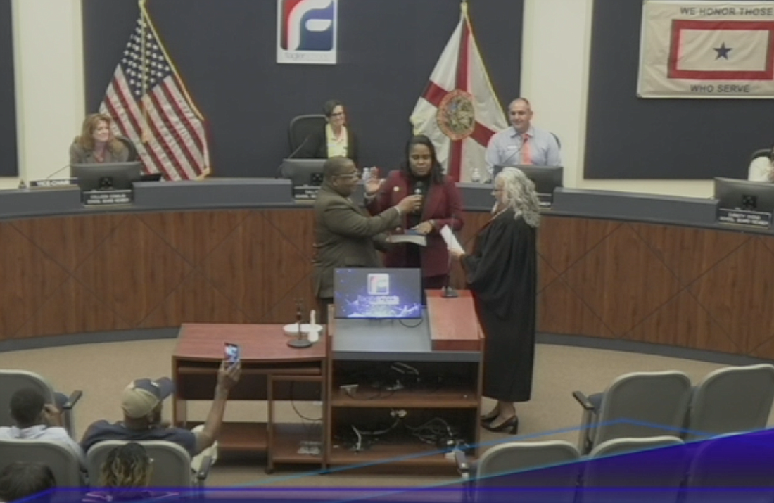 LaShakia Moore is sworn in as Flagler Schools' superintendent. Flagler Schools video image.