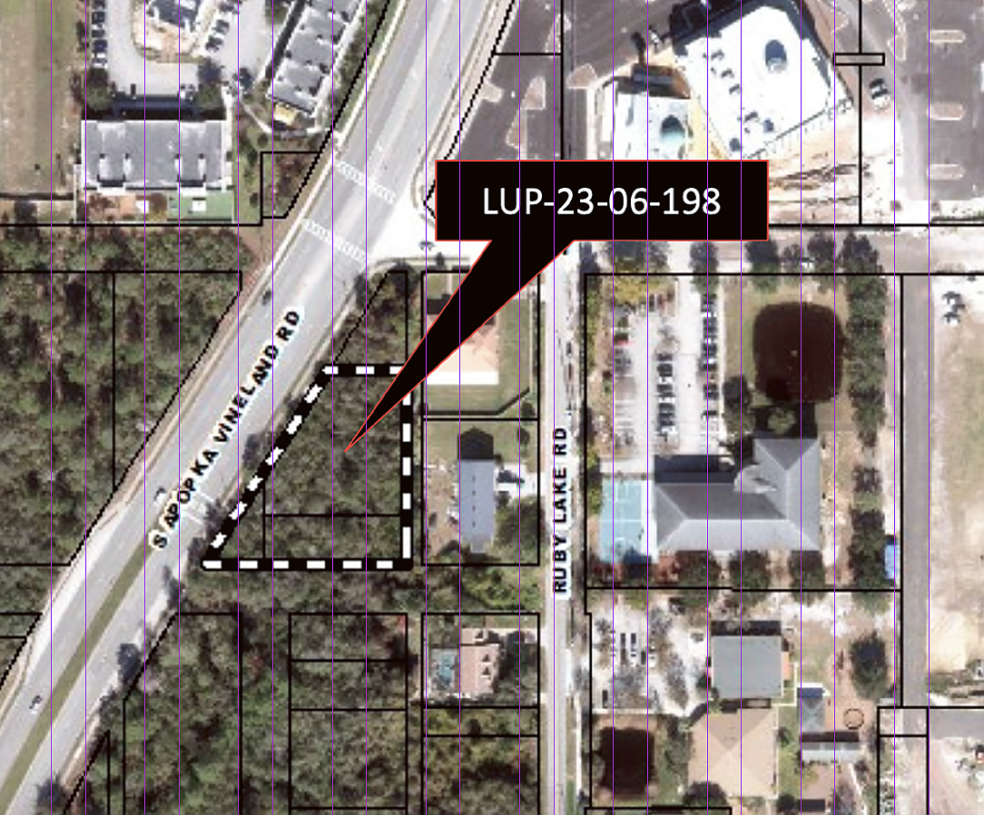 The .64-acre subject property is located on the east side of South Apopka-Vineland Road, south of Fifth Street.