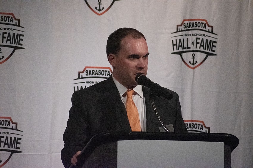 Sarasota High principal Ryan Chase welcomes the crowd to the school's 2023 Hall of Fame induction.