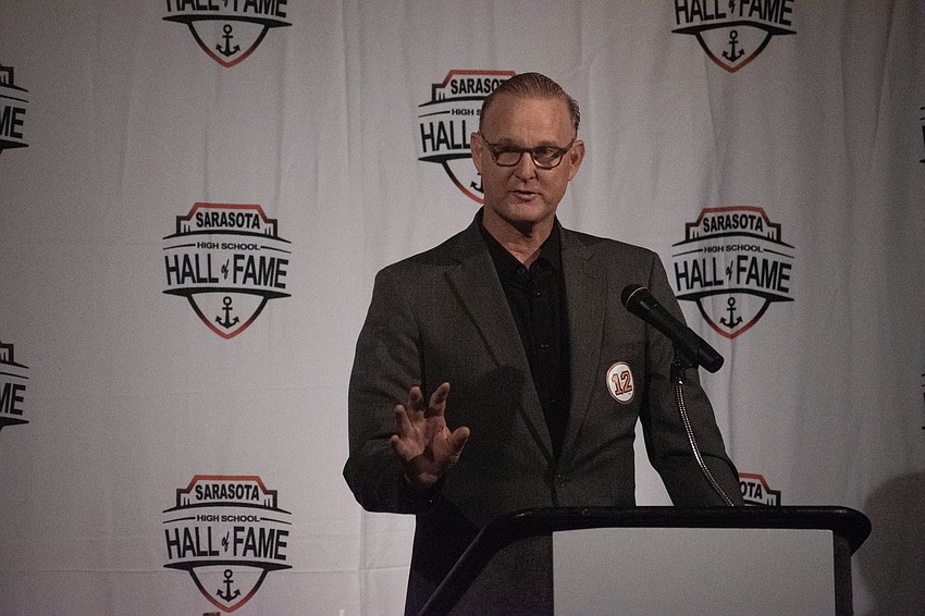 SHS Hall of Fame co-organizer Matt Drews addresses the crowd at the 2023 event.