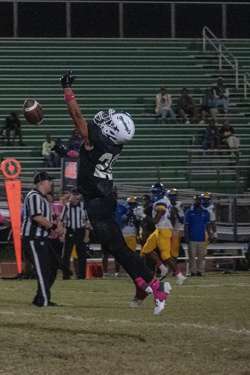 Lakewood Ranch junior cornerback Trey Schwartz gets a hand on a Gibbs pass, causing it to fall incomplete.