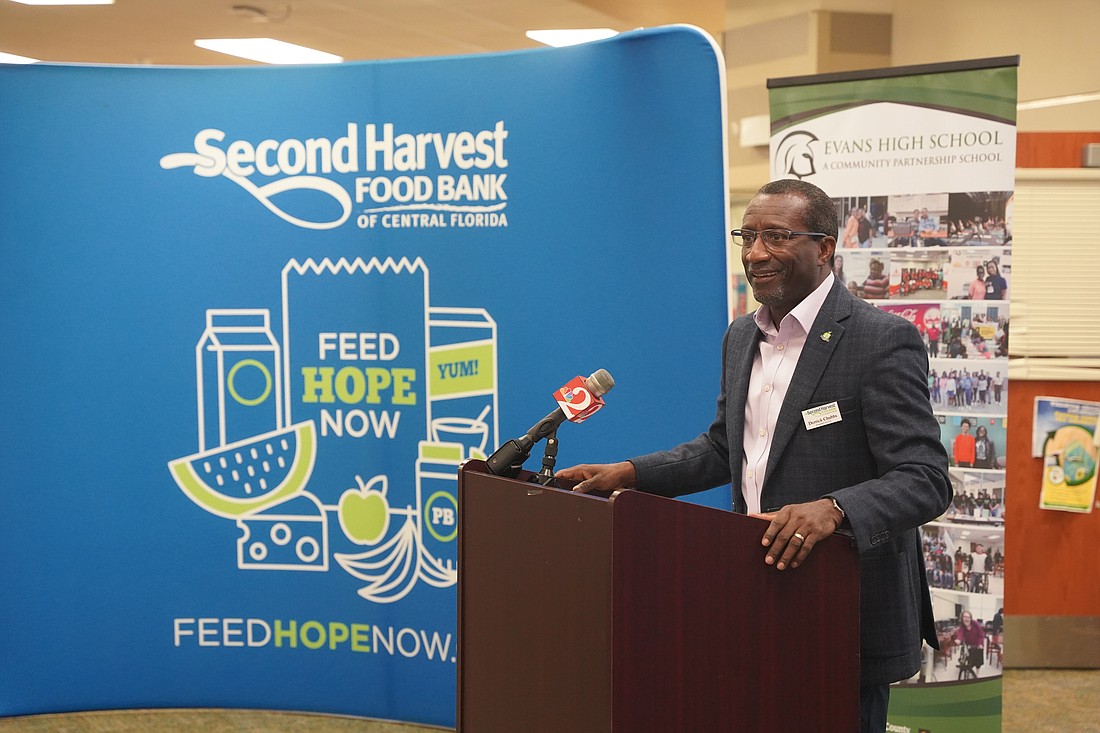Derrick Chubbs, president and CEO of Second Harvest Food Bank, speaks during an announcement Wednesday, Oct. 25. Courtesy photo