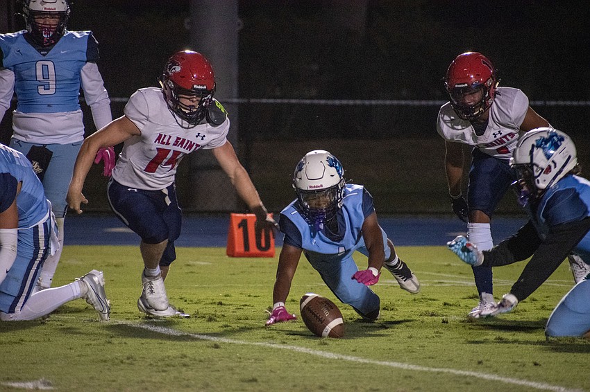 ODA junior defensive back Frankie Clark dives on a loose ball.