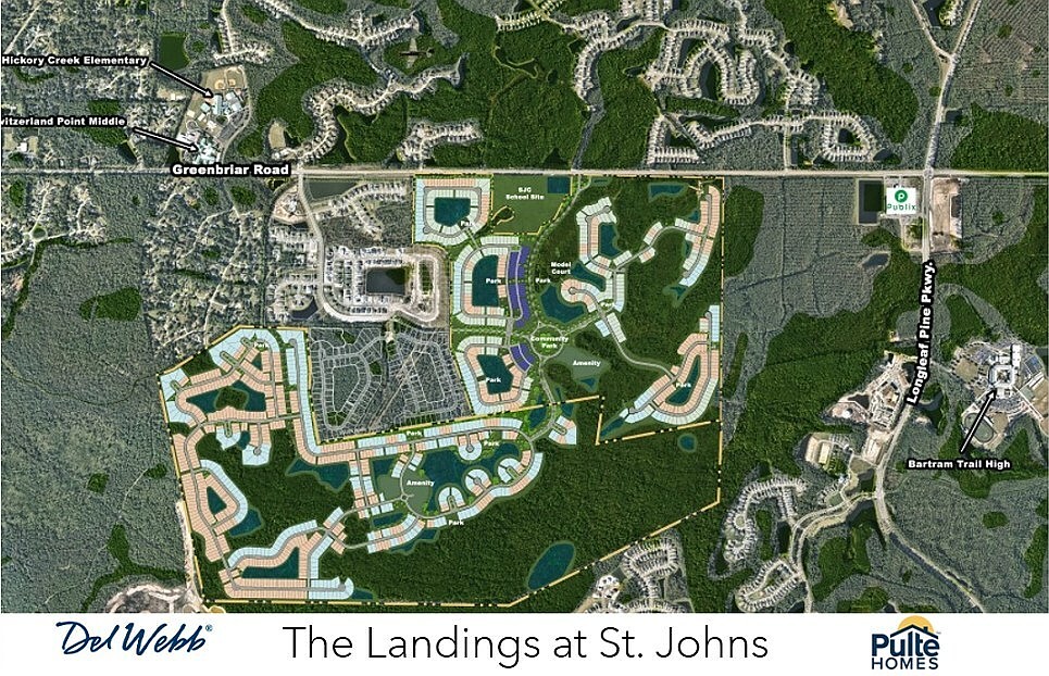 Del Webb St. Johns and The Landings by Pulte Homes site south of Greenbriar Road and west of Longleaf Pine Parkway in northern St. Johns County.