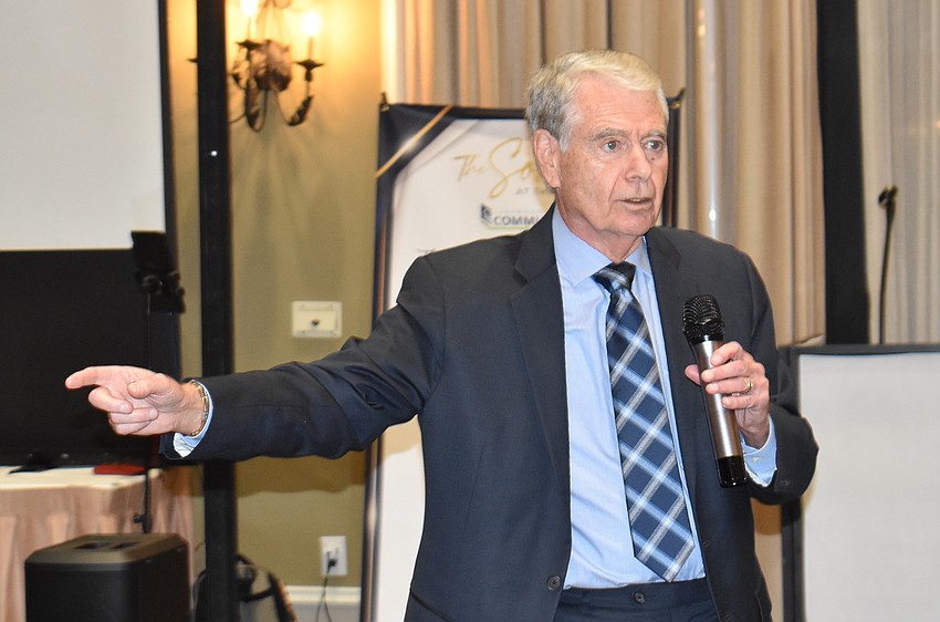 Ted Lindenberg, the winner of the 2023 C. John A. Clarke Humanitarian Award, tells the crowd about the Books for Kids program.