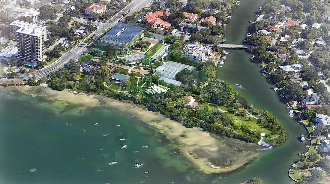 An aerial rendering of Marie Selby Botanical Gardens.