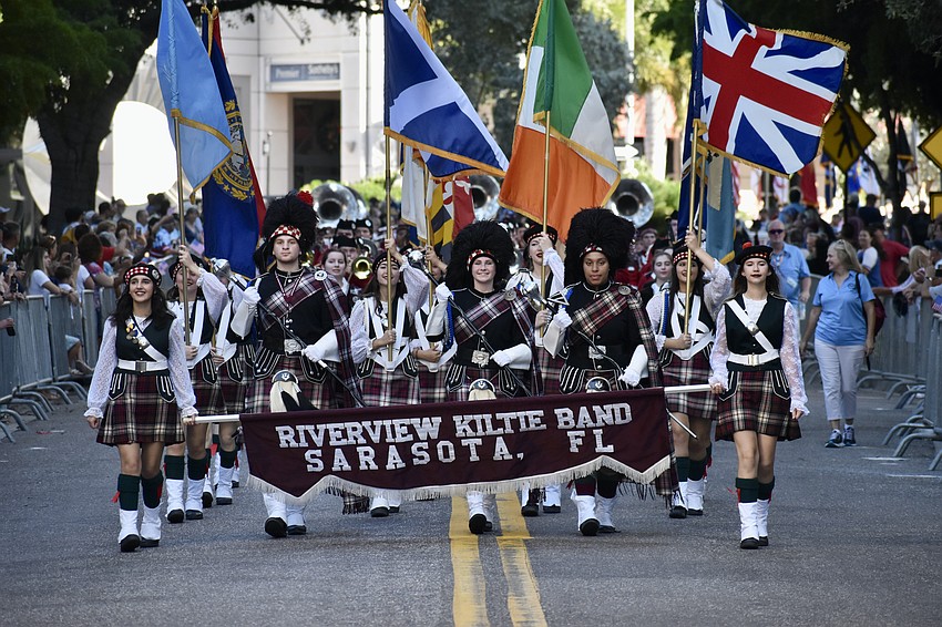 The Riverview Kilte Band makes its way down the parade route.