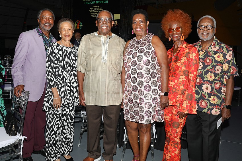 James and Rebecca Ray, Donald and board Chair Doris Johnson, and Wanda and Herman Gilbert celebrate the Soul Train 2 theme.