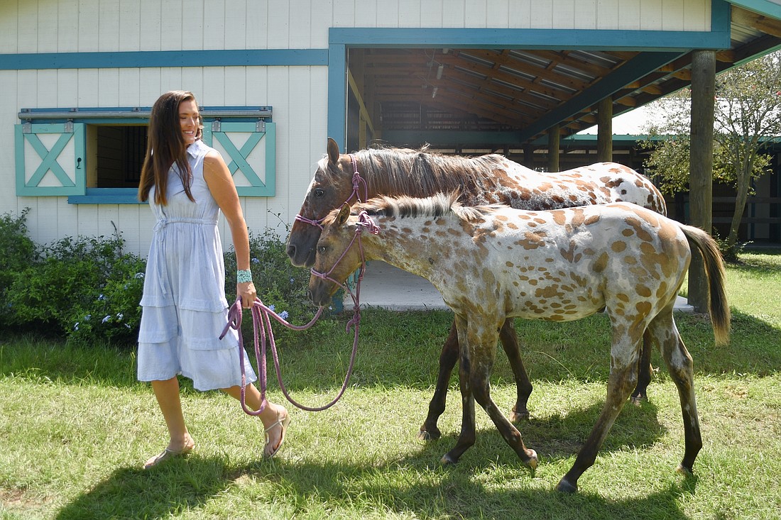 East County veterinarian Margaux Buchanan with mother-and-daughter leopard Appaloosa horses, Pigpen and Safari.