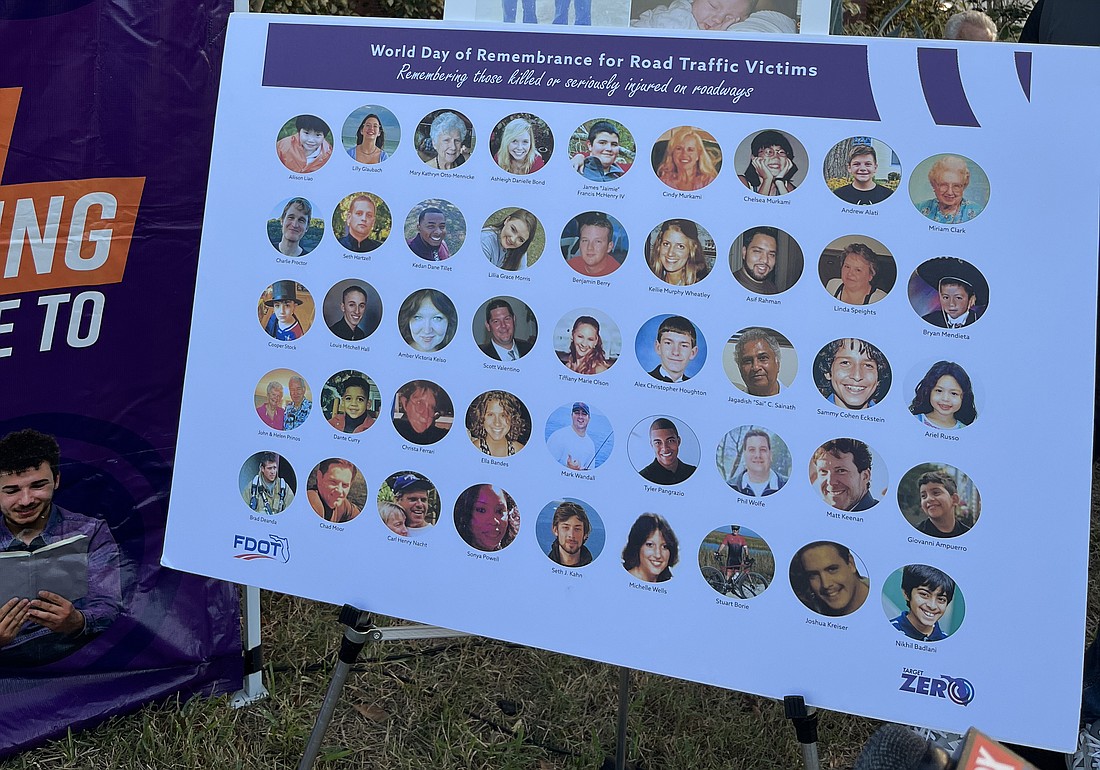 Photos of people killed or injured in a car accident are remembered during World Day of Remembrance for Road Traffic Victims.