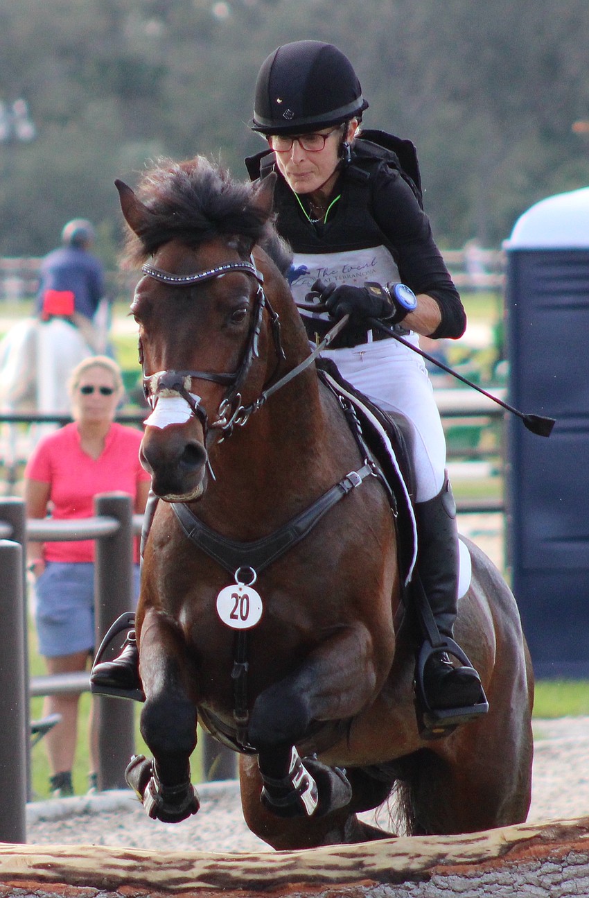 Georgia's Donna Miller is the picture of concentration as she guides Coud'Poker over a jump into the water Nov. 18 during the cross country event.