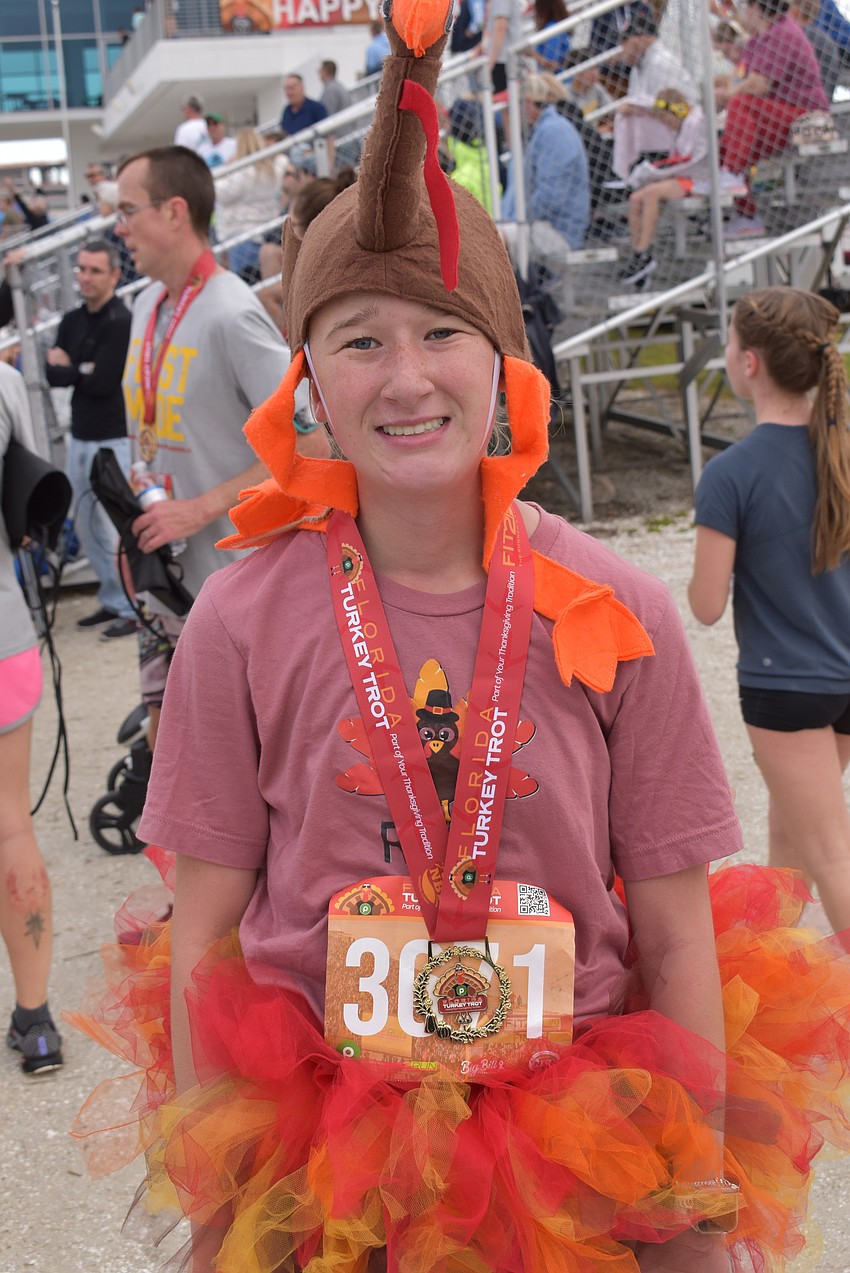 Addyson Kurg of Dover, Pennsylvania, dressed for the occasion to run in the Florida Turkey Trot at Nathan Benderson Park.