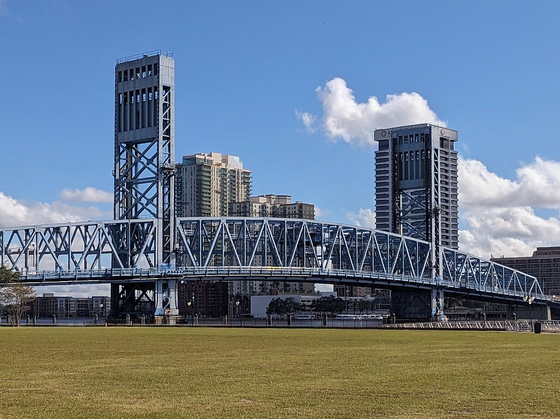 The Main Street Bridge in Downtown Jacksonville as viewed from Riverfront Plaza, the former Jacksonville Landing site.