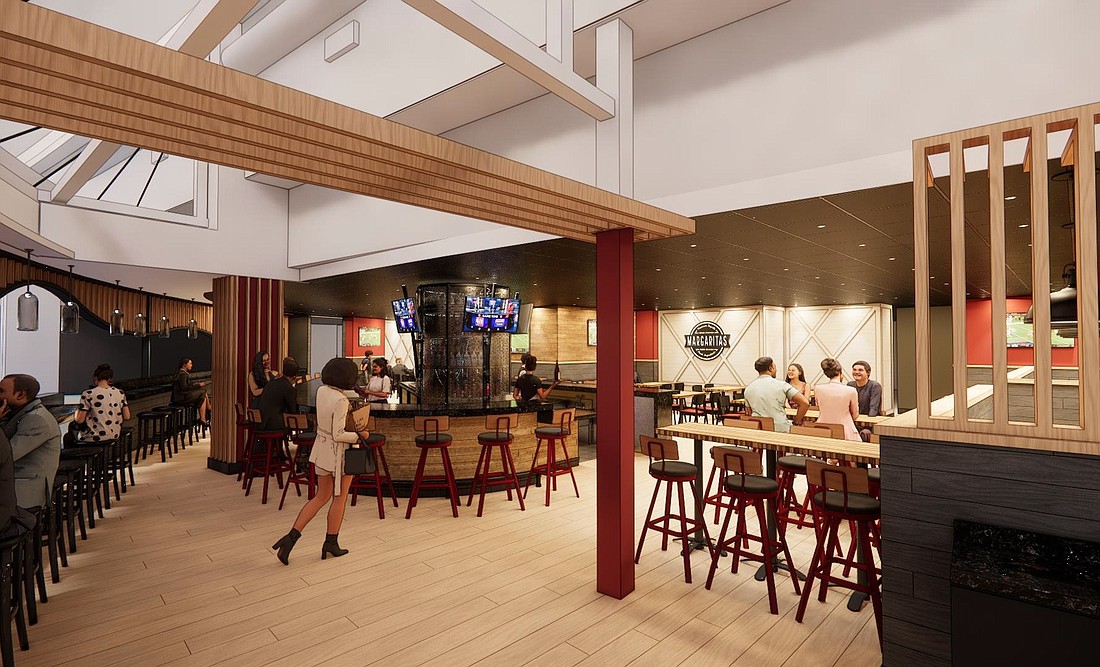 A rendering of the new Jacksonville International Airport Chili's shows multiple bartop seating areas.