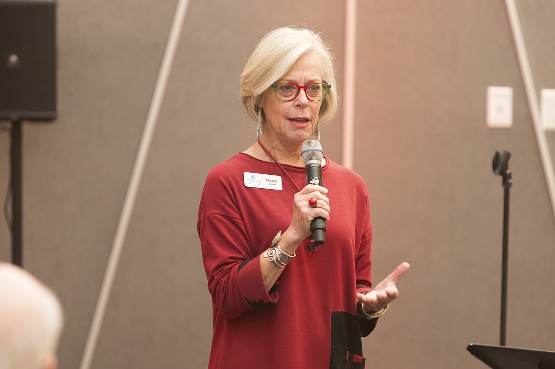 Roxie Jerde, president and CEO of the Community Foundation of Sarasota County, speaks at the Sarasota Orchestra’s second Masterworks series dinner Nov. 29, 2023.