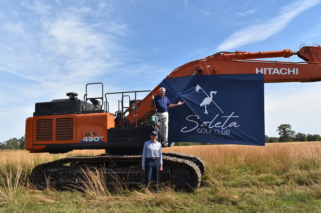 Legendary golf instructor David Leadbetter (bottom) and World Golf Hall of Famer Nick Price celebrate the groundbreaking at the site of the future Soleta Golf Club on Dec. 5 in Myakka City.