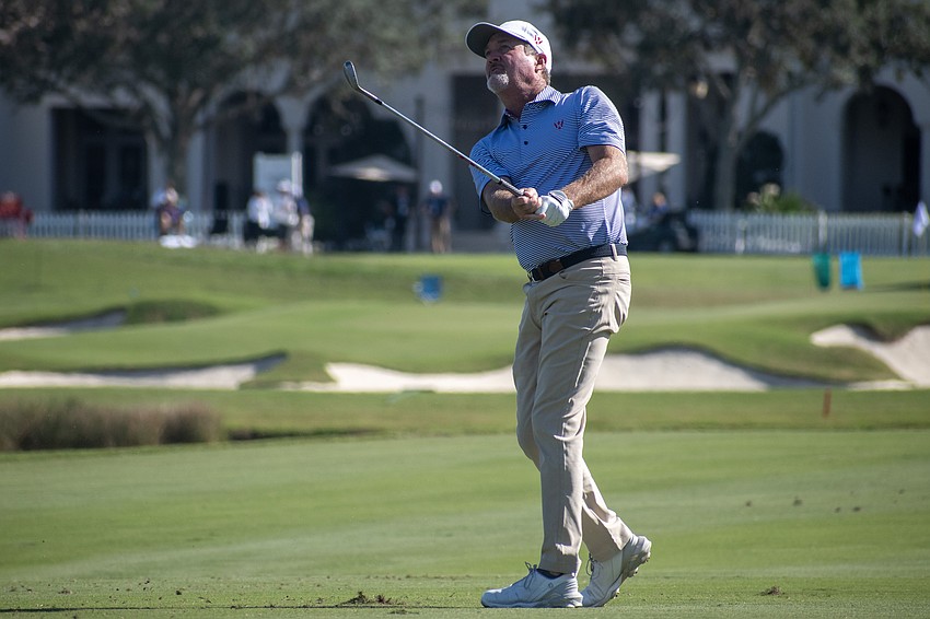 Team USA's Jerry Kelly hits a shot on the No. 1 hole at The Concession Golf Club on day one of the World Champions Cup. Kelly and teammate Justin Leonard earned a total of 20 points, 10 in each session, for Team USA on day one.