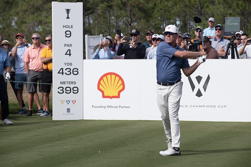 Team USA's Justin Leonard tees off on the No. 9 hole at The Concession Golf Club on day two of the World Champions Cup. Leonard and teammate Jerry Kelly would par the hole during the day's Six Ball session.