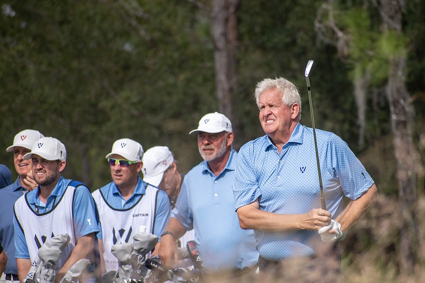 Colin Montgomerie hits his first shot on the No. 2 hole at The Concession Golf Club on day two of the World Champions Cup. Montgomerie and teammate Darren Clarke would par the hole during the day's Scotch Sixsome session.